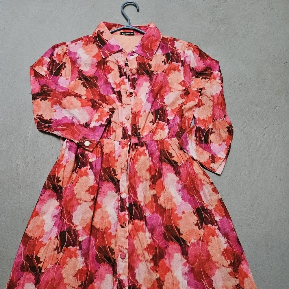 Lemoncurve Sz L Floral Coastal Tiered Flowy Maxi Button DownDress Quater Sleeve - Picture 11 of 16